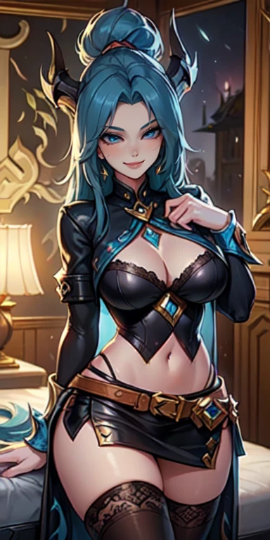 Masterpiece, 8k, art style by sciamano240, very detailed face, detailed clothes, detailed fabric, 1 girl, ( Death sworn Katarina (league of legends 1.1)) beautiful face, asymmetrical long hair, blue hair, belt, exposed navel, black stockings, very detailed blue eyes, open leather jacket, leather mini skirt, cute smirk, posing facing camera, looking at viewer, bed room, night, full view, cowboy shot,