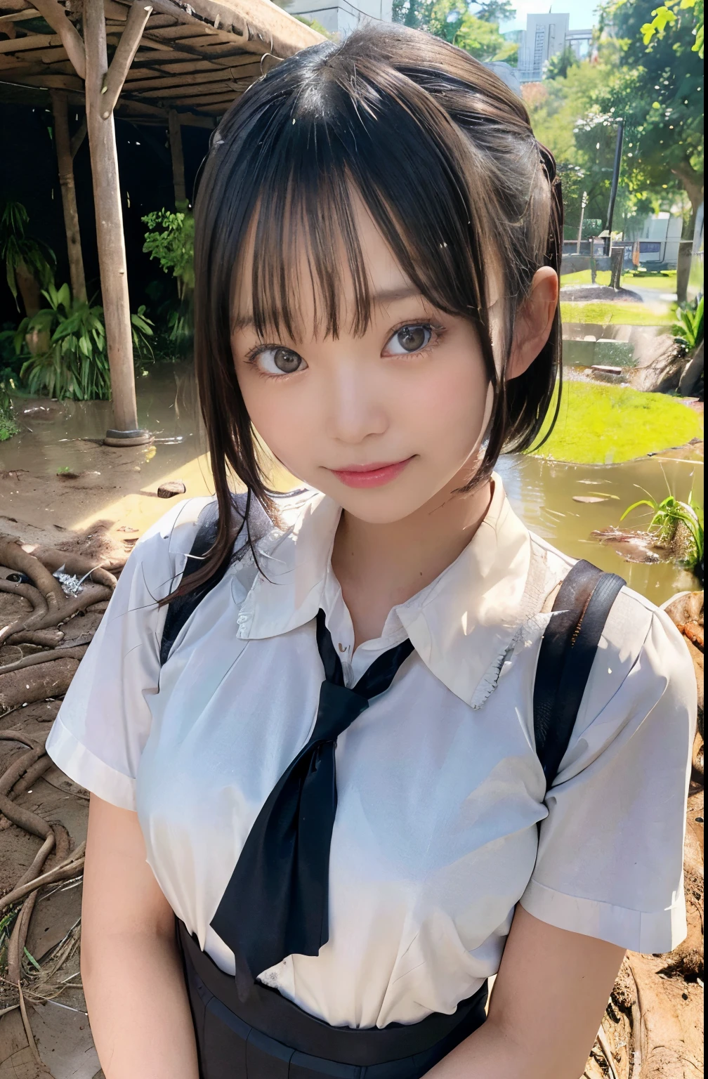 masterpiece, best quality, photorealistic, raw photo, DSLR, 15-year-old beautiful Japanese girl, shiny fair skin, realistic beautiful no makeup face, realistic beautiful bright eyes, double eyelids, look at viewer, smiling, highest detailed shiny black short hair and bangs, disheveled hair, slim figure, slim face, slim waist, big breasts, ((muddy and torn school uniform, muddy face, at deep jungle)), realistic lighting and shadows, depth of fields, highest delicate and beautiful photo, ultra high resolution, 8k UHD wallpaper, nsfw