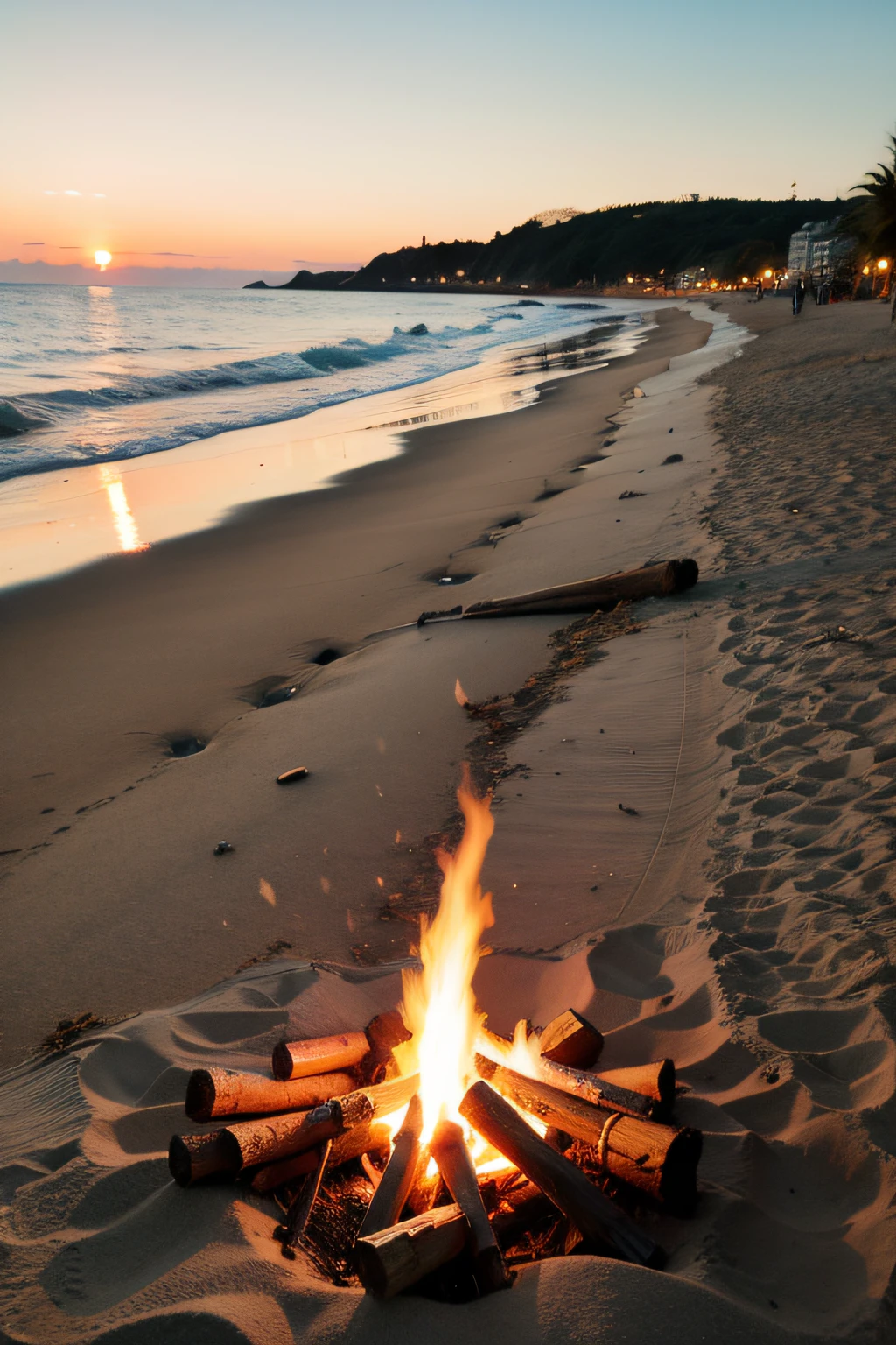 the sunset，sea surface，sandbeach，bonfires