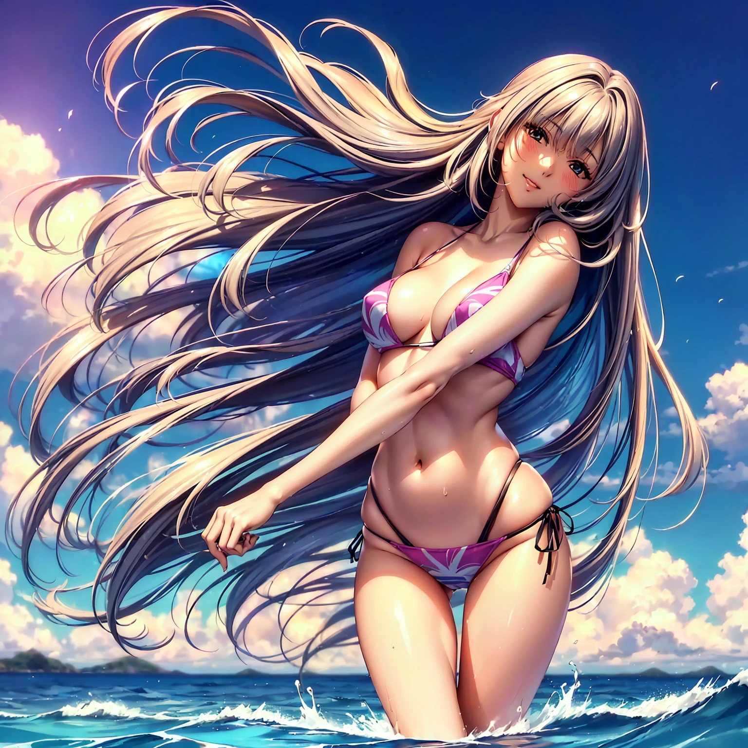 (top quality picture、masterpiece level、very high res、超A high resolution,High quality detailing)、(A 24-year-old beautiful girl with perfect and ultimate beauty..,beautiful breasts and figure,Beautiful body,美丽的面容,Strong-willed eyes:1.5)、(There are many variations of hairstyles,Bangs are neatly arranged,long straight hair on the side,Beautiful hair:1.2),lifelike textures,Beautiful colors,(Wearing a beautiful colored bikini swimsuit,Brightly colored bikini swimsuit,Wear a bikini swimsuit with beautiful colors and patterns,Wear bikini swimsuits with beautiful colors and patterns:1.2),Have a bright smile,line of sight,Mouth opens,(The wind is blowing,Hair flutters under the influence of the wind:1.2),fantastic night sky and moon,Outdoor pool,Night Pool,(The whole body,accurate anatomy、extremely detailed picture、Accurate images、Perfect Image 1.5)、beautiful anime woman, Beautiful Art Style, an animated character、(The whole picture、Detailed picture、Defect-free images、natural soft light、beautiful image),(Best Shot 1.2)