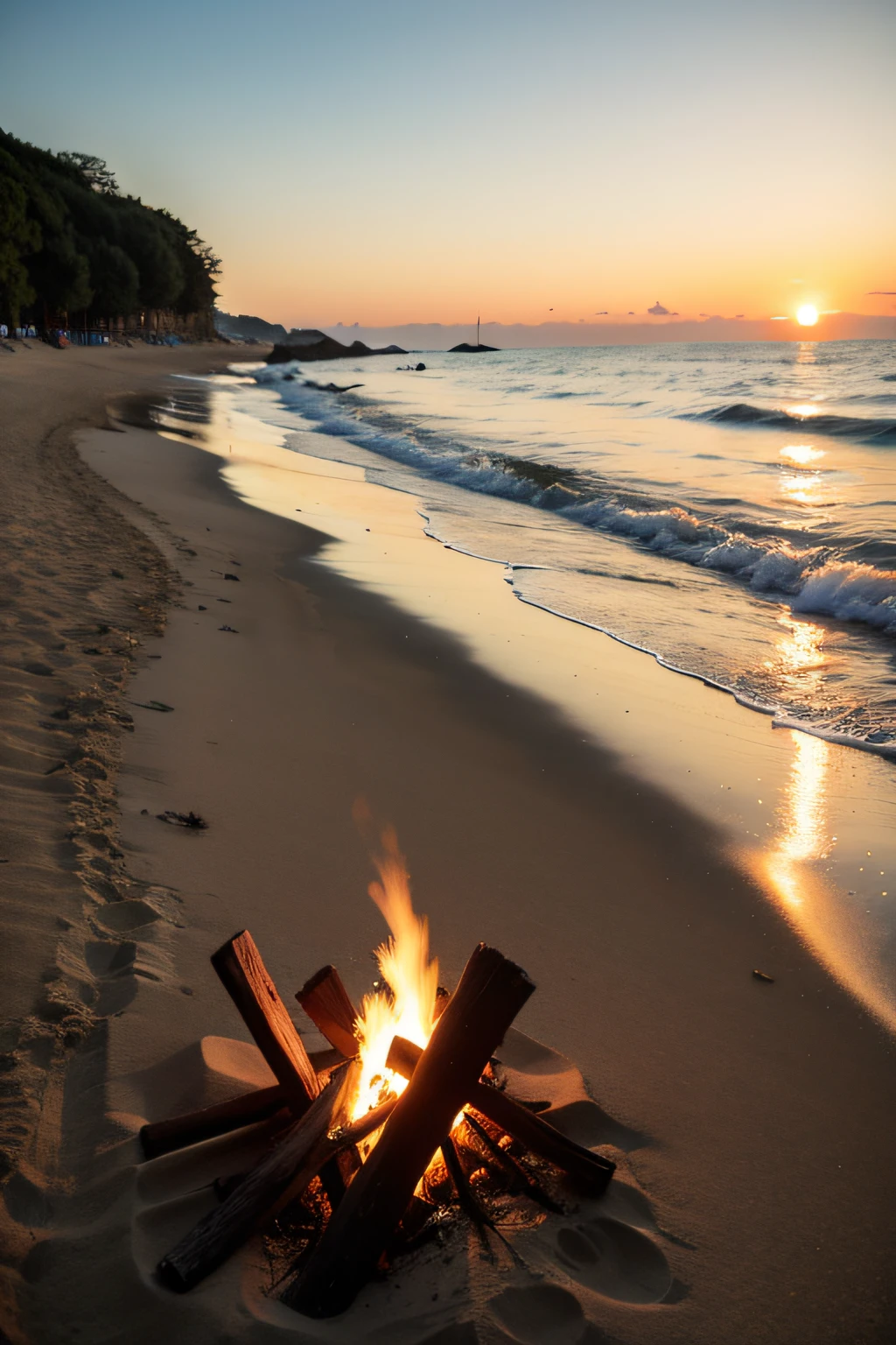 the sunset,sea surface,sandbeach,bonfires