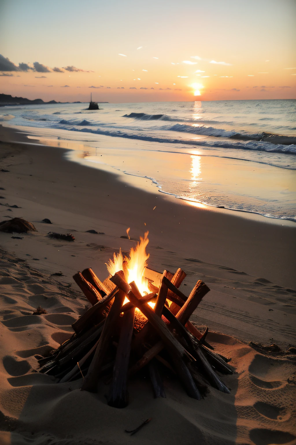 the sunset，sea surface，sandbeach，bonfires