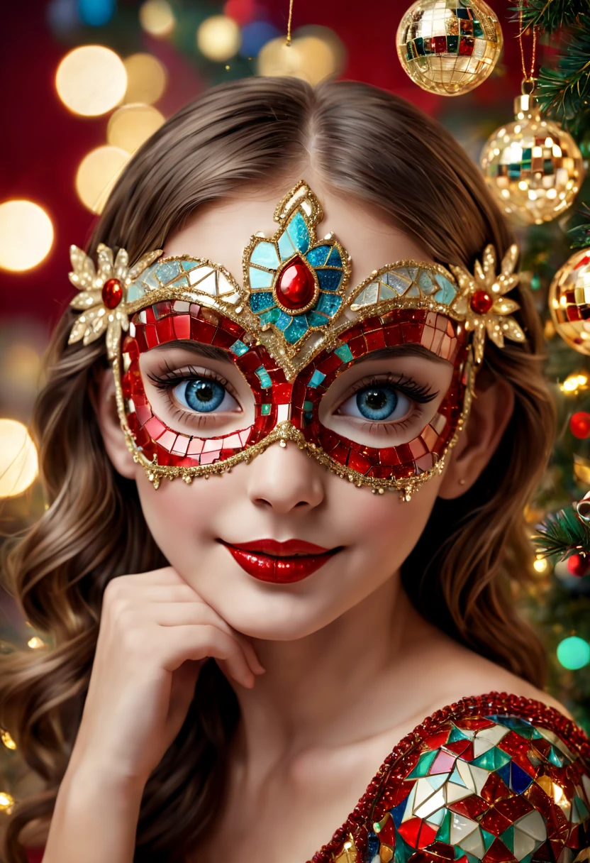 A girl wearing a mosaic Christmas mask,sparkling detailed eyes,beautifully detailed lips,extremely detailed eyes, cute red nose, festive smile, golden mosaic patterns on the mask, delicate craftsmanship, intricate designs, vibrant color palette, high contrast, sharp focus, glossy finish, impressive artistry, holiday atmosphere, intricate mosaic tiles, ornate decorations, magical lighting. (best quality,4k,8k,highres,masterpiece:1.2),ultra-detailed,(realistic,photorealistic,photo-realistic:1.37),portrait,mosaic art,christmas celebration,festive colors,sparkling charm,holiday spirit,glimmering lights,colorful ornaments.