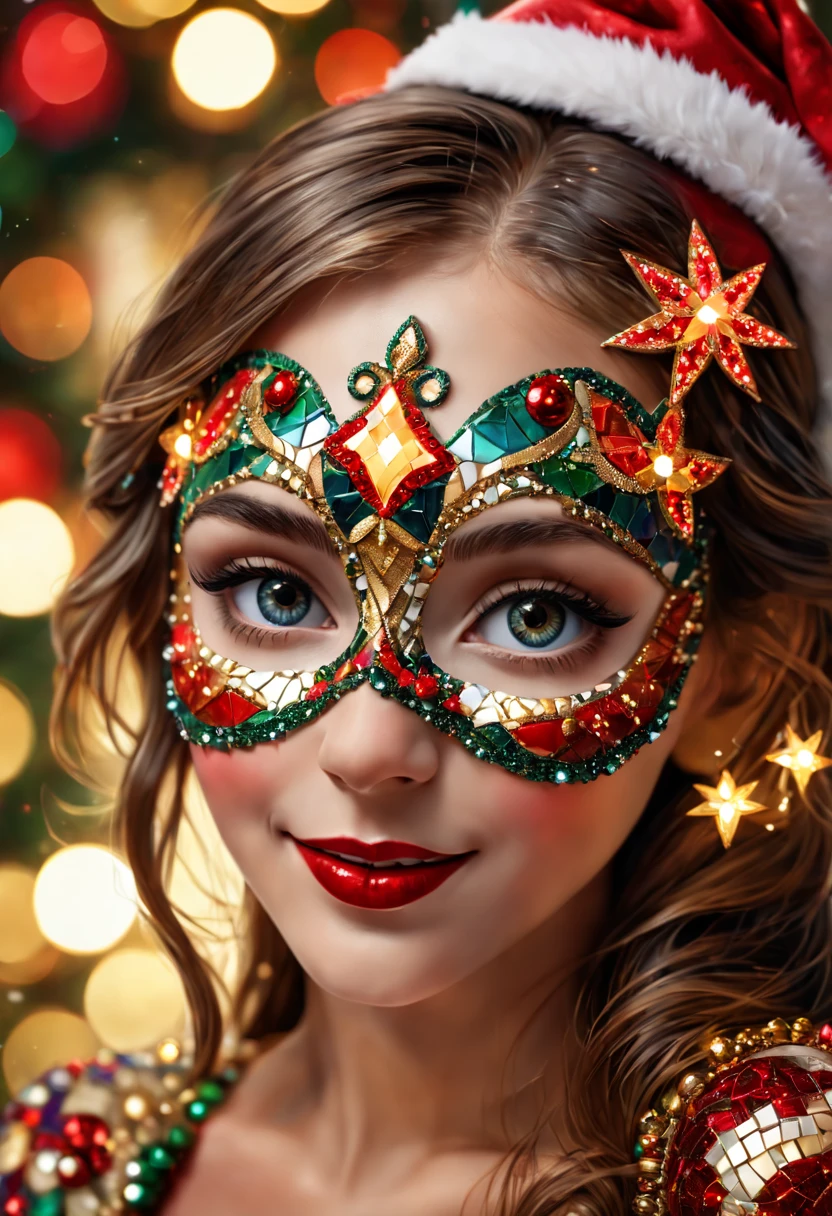 A girl wearing a mosaic Christmas mask,sparkling detailed eyes,beautifully detailed lips,extremely detailed eyes, cute red nose, festive smile, golden mosaic patterns on the mask, delicate craftsmanship, intricate designs, vibrant color palette, high contrast, sharp focus, glossy finish, impressive artistry, holiday atmosphere, intricate mosaic tiles, ornate decorations, magical lighting. (best quality,4k,8k,highres,masterpiece:1.2),ultra-detailed,(realistic,photorealistic,photo-realistic:1.37),portrait,mosaic art,christmas celebration,festive colors,sparkling charm,holiday spirit,glimmering lights,colorful ornaments.