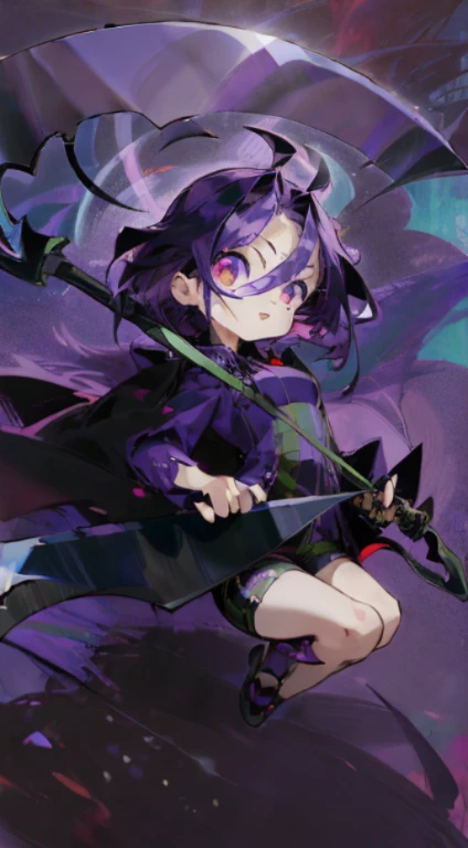 (((chibi character girl:1.5))), (best quality, masterpiece, ultra-detailed, illustration),(8K wallpaper),(beautiful detailed eyes), beautiful, amazing, detailed eyes, (detailed skin), ((dark purple hair:1.5)) striped hair, highlight hair, straight hair, ((red eyes)), long hair:1.3, perfect hands, perfect fingers, (((small breasts:1.3))), (neon eyes), (growing eyes:1.3), (((black coat:1.4, young purple shirt:1.5, black shorts))), shiny hair, ((death scythe:1.5, holding death scythe:1.5)), night sky:1.4, blue flame, clean line art, shiny hair, portrait, panorama shot, cinematic angle, dynamic angle:1.4, Dynamic battle: 1.4