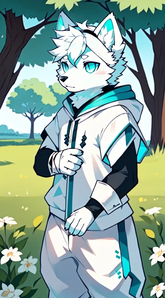 Samoyedskaya, human, furry, canine, (furry), (clear cyan eyes), white hair, white dog tail, (((black sleeves))), {white short sleeves with hood, no hat}, white cropped pants, outdoor,