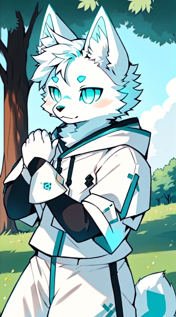Samoyedskaya, human, furry, canine, (furry), (clear cyan eyes), white hair, white dog tail, (((black sleeves))), {white short sleeves with hood, no hat}, white cropped pants, outdoor,