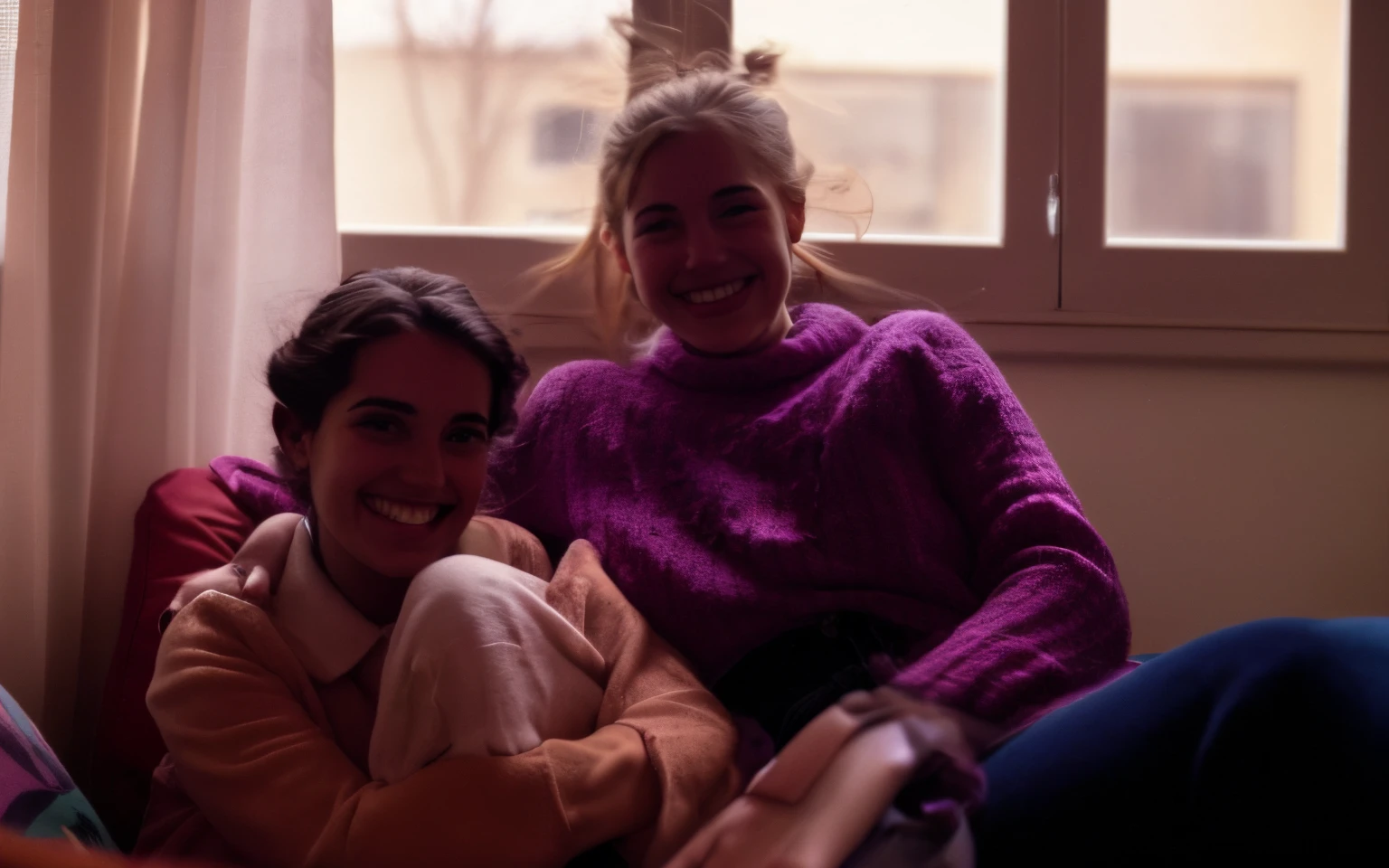 two pretty girls 25 yo  sitting on a couch together and smiling for the camera