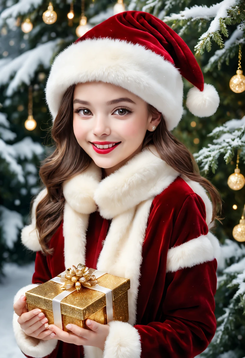 A girl wearing a luxurious Christmas hat, with beautiful detailed eyes, detailed lips, and a joyful expression. She  holding a sparkling gift box in her hands. The hat  made of red velvet fabric, adorned with golden sequins and pearls. The scene  set in a snowy garden, with a backdrop of tall evergreen trees covered in twinkling lights. The girl  wearing a cozy white fur coat, which contrasts beautifully with the vibrant red of the Santa hat. The overall image quality  of the best quality, with high-resolution details. The colors are vivid and festive, with warm tones and a touch of gold. The lighting  soft and warm, creating a magical atmosphere. [luxurious, glimmering, festive] [red velvet, golden sequins, pearls] [sparkling gift box, snowy garden, twinkling ligh quality, high resolution, vivid colors] [holiday-inspired, cozy, magical] [warm tones, touch of gold] [soft and warm lighting]