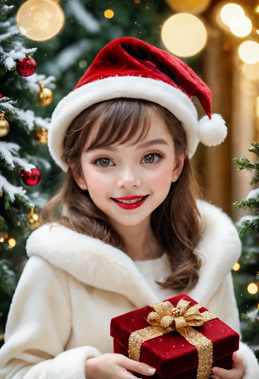 A girl wearing a luxurious Christmas hat, with beautiful detailed eyes, detailed lips, and a joyful expression. She  holding a sparkling gift box in her hands. The hat  made of red velvet fabric, adorned with golden sequins and pearls. The scene  set in a snowy garden, with a backdrop of tall evergreen trees covered in twinkling lights. The girl  wearing a cozy white fur coat, which contrasts beautifully with the vibrant red of the Santa hat. The overall image quality  of the best quality, with high-resolution details. The colors are vivid and festive, with warm tones and a touch of gold. The lighting  soft and warm, creating a magical atmosphere. [luxurious, glimmering, festive] [red velvet, golden sequins, pearls] [sparkling gift box, snowy garden, twinkling ligh quality, high resolution, vivid colors] [holiday-inspired, cozy, magical] [warm tones, touch of gold] [soft and warm lighting]