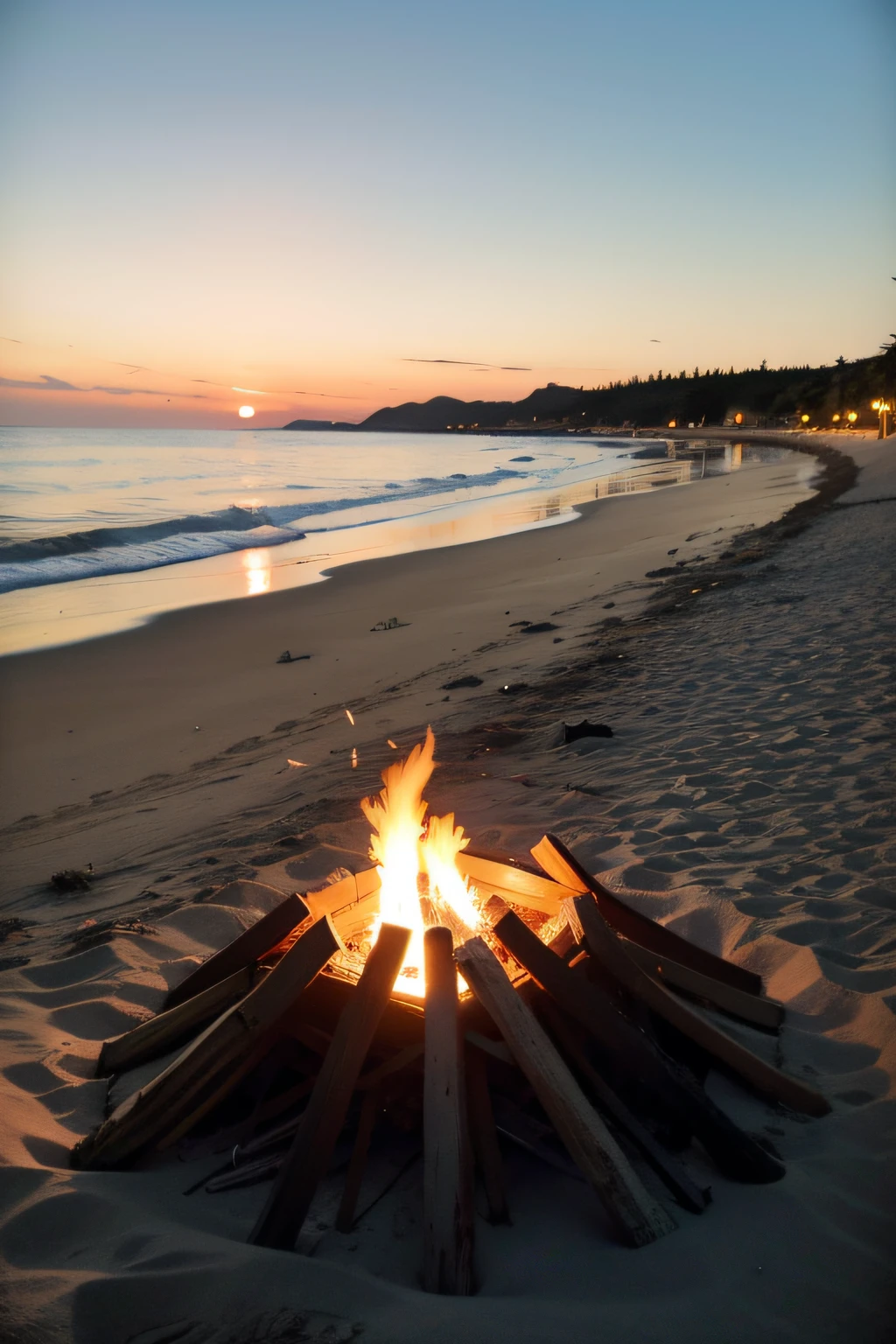 the sunset,sea surface,sandbeach,bonfires