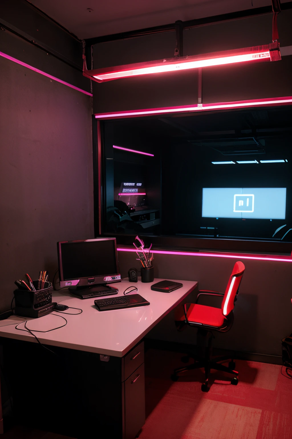 l shape desk, office , cyber punk, red neon lights