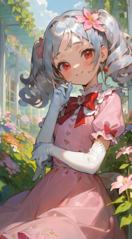 (masterpiece:1.5), (ultra-detailed:1.5), (super fine illustration:1.4), (best quality:1.5),(high resolution:1.5),(beautiful pretty cute face:1.3),(beautiful detailed eyes:1.2),(silver hair:1.6), (curly hair:1.4), (flipped hair:1.4), (short twintails:1.4),(red eyes:1.2),(tsurime:1.2),(pink dress:1.4), (white glove:1.3), looking at viewer,(small breasts:1.2),(1girl:1.2),(solo:1.3),(flower garden:1.4), happy smile,(red bow:1.2), (fluttering petals:1.2)