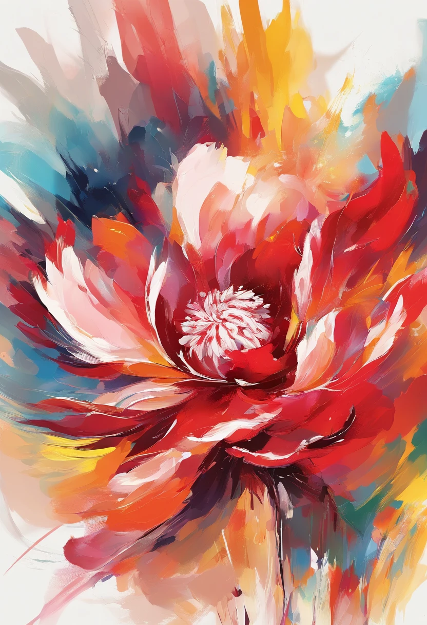 Draw an abstract painting of a single flower.,bright red peony flower、use acrylic paint、Abstract artist known for his unique use of acrylic pouring, real brush strokes,aesthetic composition,Minimal style, hali々Smooth brushstrokes、gorgeous shape、Bright red peonies symbolize pride and dignity..、express feelings of pride、Rich and powerful colors that are the main colors of the work.、Add moist compacted sand、Enhances the texture and tactile elements of your artwork, While staring at this image, oot、Interaction of color and texture、Proudly、Immerse yourself in an elegant atmosphere、full of pride、Dignified