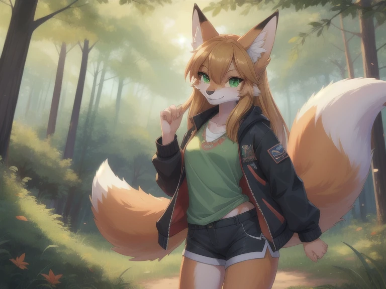 1girl, solo, masterpiece, Fox girl, furry, anthro, body fur, fox tail, green eyes, best eyes, detailed eyes, outdoors, forest, smile, scenery, shirt, jacket, shorts, sunny day