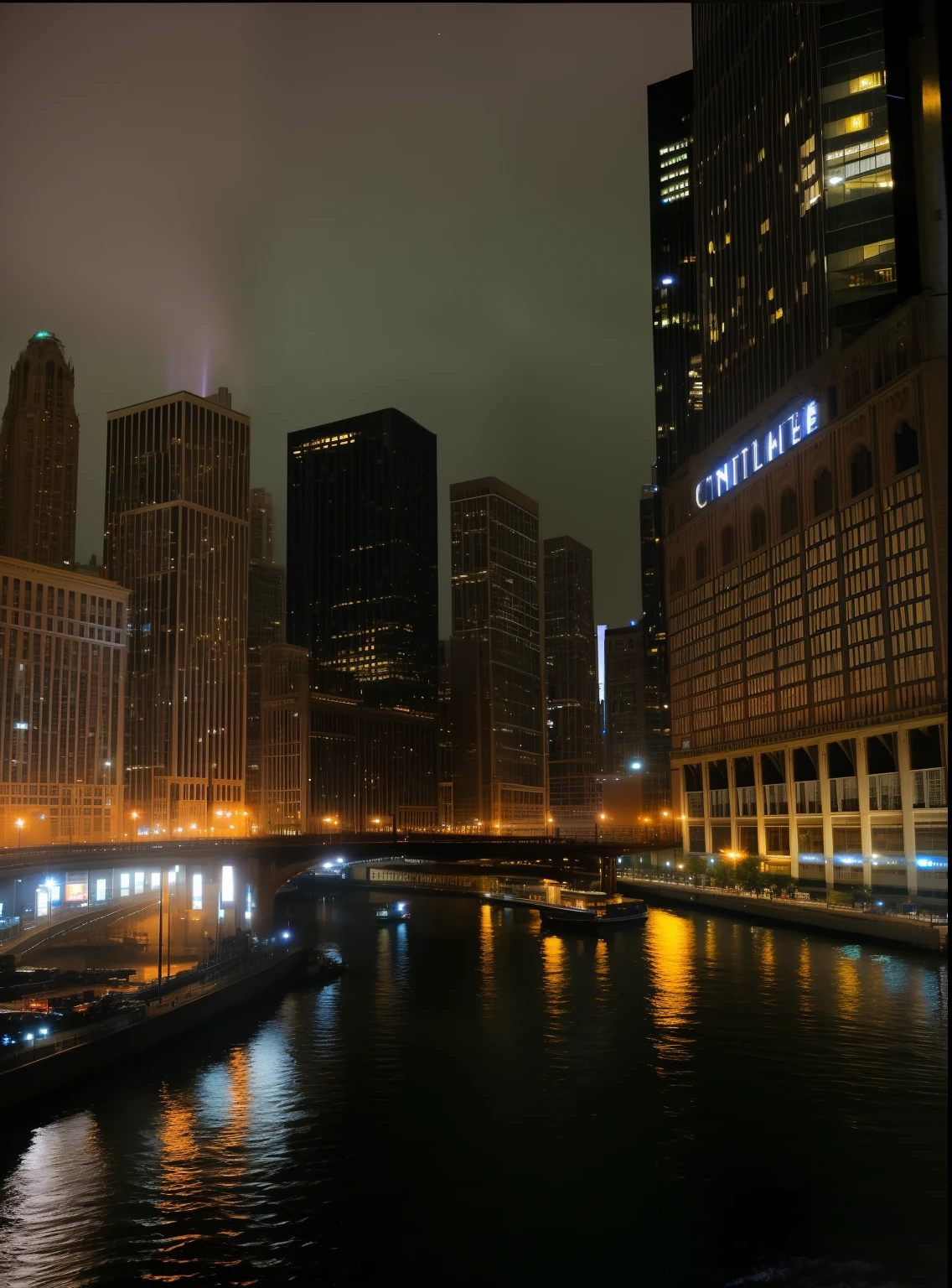 Night view of a river,There a ship in the middle, pylons, Brightly lit by the river, during night, shot with a canon 20mm lens, Night video, Night in the city, chicago, Beautifully lit building, nighttime foreground, gloom and light, timelapse in game, chicago skyline, The power of visual effects in the city at night, The city at night