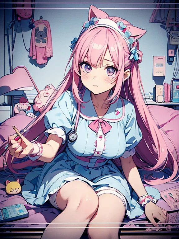 panoramic view, portrait head to feet view, soft pastel colors stick figure, highly detailed 1 girl nurse at medical hospital in background, ta nurse dress accessories, detailed five fingers on each hand, 2 hands, 2 feet, knee white stocking, Une fille long cheveux lisse dans le style 90's anime vintage, its fine ink line art, comic style, of the anime girl, cute face, big eyes long lashes, kawaii style accessories cute sanrio resin charms, hair accessory, ruffle, bow, cute bear, cute cat, pastel light yellow light pink colors, illustration in the style of omiso and menhera lolin Twitter, lolita g art by hareroom1 on Twitter, beautiful line art, film frame of nurse in hospital, pastel comic style, manga style, manga art style, pencil and ink caricature drawing, palette colors, flat colours, detailed, attention to detail, 8k