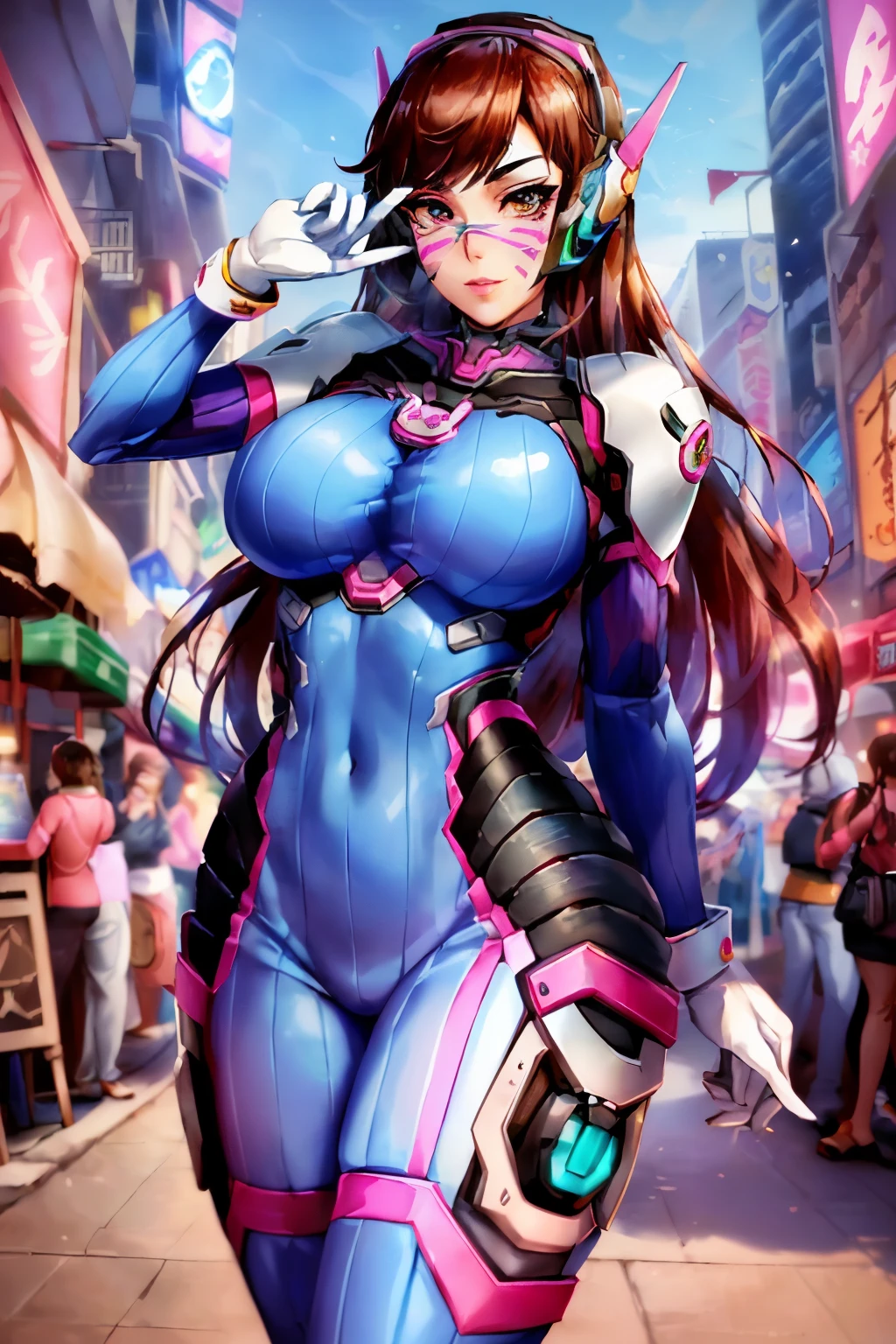 (masterpiece, best quality, ultra detailed, absurdres)1.5, 1girl, (sexy, beautiful woman, perfect face, perfect eyes, perfect female body, huge breasts)1.5, (dvaover, d.va \(overwatch\), long hair, brown hair, swept bangs, headphones, blue bodysuit, ribbed bodysuit, pilot suit, bunny print, v, whisker markings, facepaint, white gloves, facial mark, pink lips, high collar, shoulder pads, ), (standing, meverwatch\), robot, science fiction, Korean city in background, night sky), perfect lighting, smooth, hdr