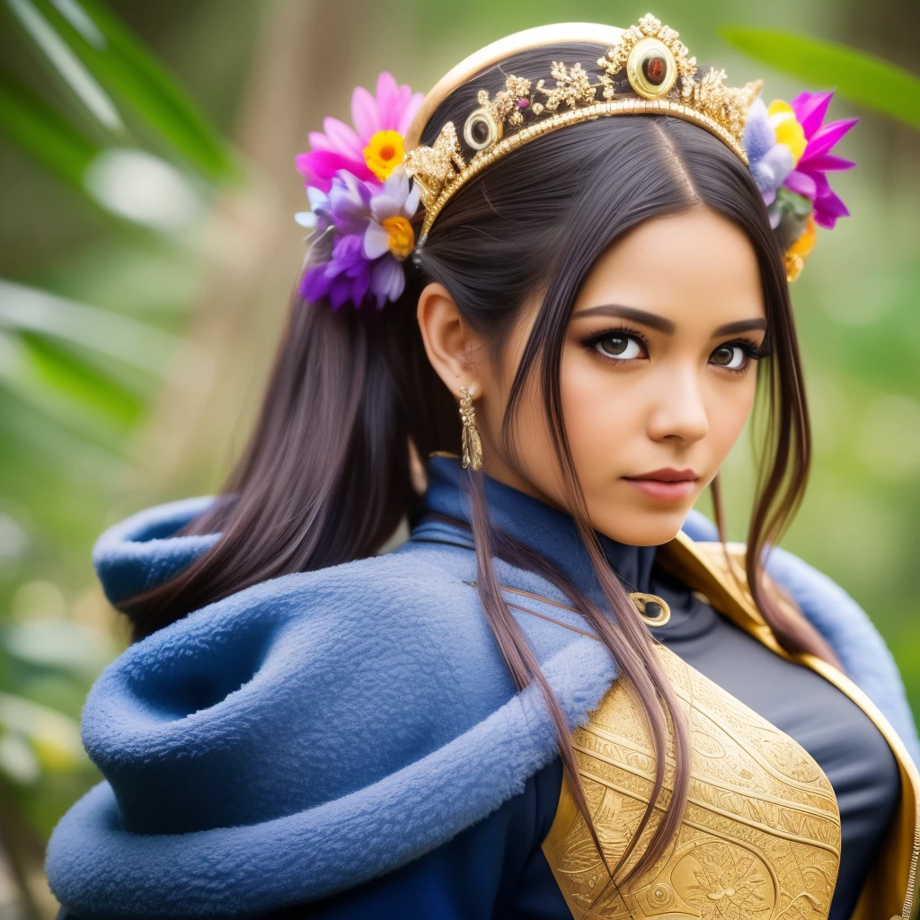 Woman with an  tiara on her head and a navy blue winter cloak with golden details, broche de floco de neve. longos cabelos pretos. rainha do inverno, princesa elfa, retrato de uma rainha elfa, rainha elfa, princesa inverno, uma rainha elfa, artgerm em artstation pixiv, bela e elegante rainha elfa, corpo inteiro. Standing in the snow in front of a large icy castle. Personagem de RPG. Era medieval. Mulher elfa. Elfa de cabelos ruivos. Olhos azuis. Elfa da floresta. Elfa Guerreira da floresta. Elfa arqueira. Arqueira medieval. Arco e Flecha. Organic Amadura. Armadura verde musgo. soft ilumination. Standing in the middle of the forest. Floresta densa. Cogumelos bioluminescentes. fantastical setting. Luz do dia. Luz solar. realces de cores quentes. Paleta verde azul e amarelo. RPG Character design. modelo ig | artgerm, :: rossdraws, obra de arte no estilo de guweiz, extremamente detalhada artgerm. corpo inteiro, fundo detalhado de um castelo, hiper detalhado, rosto detalhado, foto sincera POV, por lee jeffries, Nikon d850, filme fotografia de estoque ,4 kodak portra 400, F1 camera lens.6, cores ricas, hiper realista, textura realista, lighting dramatic, cinestill 800 (8k, Foto RAW, melhor qualidade, obra-prima: 1.2), ultra-detalhado, (pele altamente detalhada: 1.2), 8k UHD, DSLR, soft ilumination, alta qualidade.modelo ig | artgerm, :: rossdraws, obra de arte no estilo de guweiz, extremamente detalhada artgerm. corpo inteiro, fundo detalhado de um castelo, hiper detalhado, rosto detalhado, foto sincera POV, por lee jeffries, Nikon d850, filme fotografia de estoque ,4 kodak portra 400, F1 camera lens.6, cores ricas, hiper realista, textura realista, lighting dramatic, cinestill 800 --auto --s2