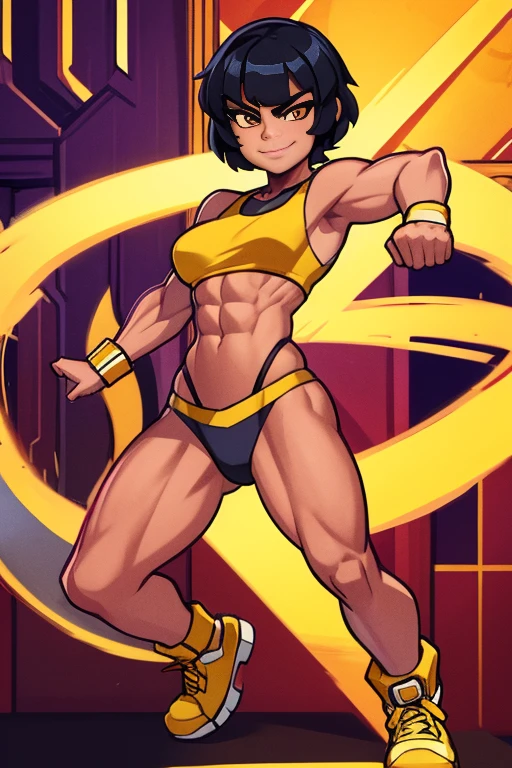 23-Year-Old Filipina, tanned bronze skin, Full Body, , Amber-Colored Eyes,Black Short Hair, Smile, athletic body, strong muscles, anime artwork, full body, official art, official artwork, closeup view, badass pose, full art