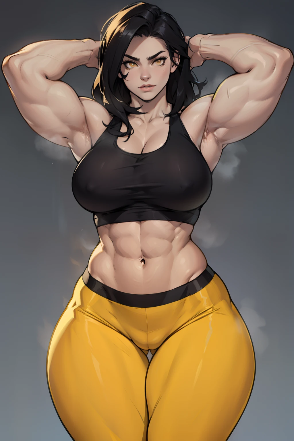 pale skin 1girl bodybuilder muscular toned body wide hips thick thighs curvy huge tits black hair yellow eyes tank top leggings