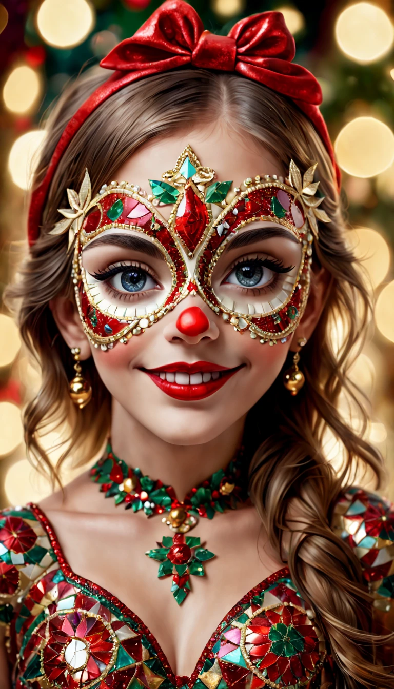 A girl wearing a mosaic Christmas mask,sparkling detailed eyes,beautifully detailed lips,extremely detailed eyes, cute red nose, festive smile, golden mosaic patterns on the mask, delicate craftsmanship, intricate designs, vibrant color palette, high contrast, sharp focus, glossy finish, impressive artistry, holiday atmosphere, intricate mosaic tiles, ornate decorations, magical lighting. (best quality,4k,8k,highres,masterpiece:1.2),ultra-detailed,(realistic,photorealistic,photo-realistic:1.37),portrait,mosaic art,christmas celebration,festive colors,sparkling charm,holiday spirit,glimmering lights,colorful ornaments.