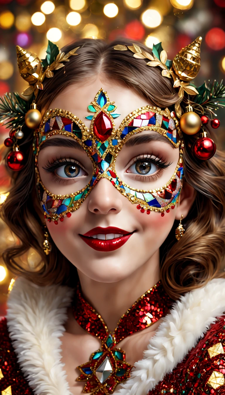 A girl wearing a mosaic Christmas mask,sparkling detailed eyes,beautifully detailed lips,extremely detailed eyes, cute red nose, festive smile, golden mosaic patterns on the mask, delicate craftsmanship, intricate designs, vibrant color palette, high contrast, sharp focus, glossy finish, impressive artistry, holiday atmosphere, intricate mosaic tiles, ornate decorations, magical lighting. (best quality,4k,8k,highres,masterpiece:1.2),ultra-detailed,(realistic,photorealistic,photo-realistic:1.37),portrait,mosaic art,christmas celebration,festive colors,sparkling charm,holiday spirit,glimmering lights,colorful ornaments.