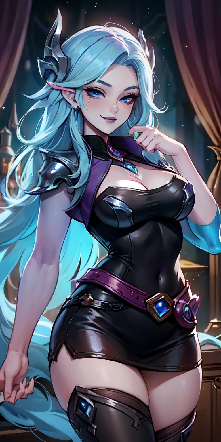 Masterpiece, 8k, art style by sciamano240, very detailed face, detailed clothes, detailed fabric, 1 girl, ( Death sworn Katarina (league of legends 1.1)) beautiful face, asymmetrical long hair, blue hair, belt, exposed navel, black stockings, very detailed blue eyes, open leather jacket, leather mini skirt, cute smirk, posing facing camera, looking at viewer, bed room, night, full view, cowboy shot,