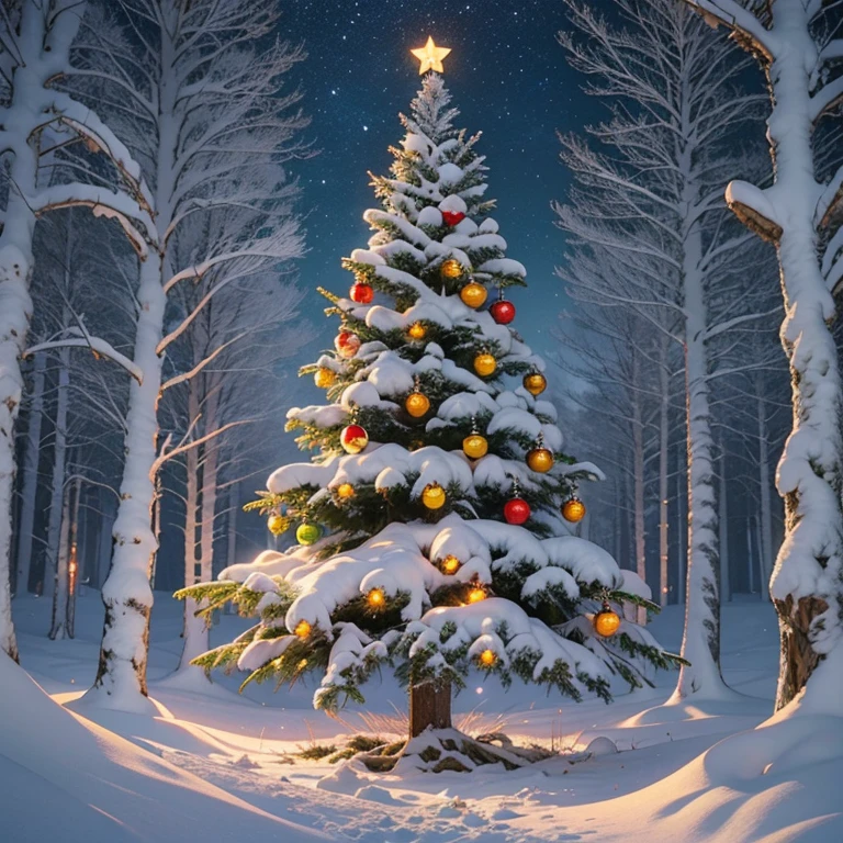 in woods, A night wrapped in warm light, Snow flutters, flowers and presents,glittering christmas tree