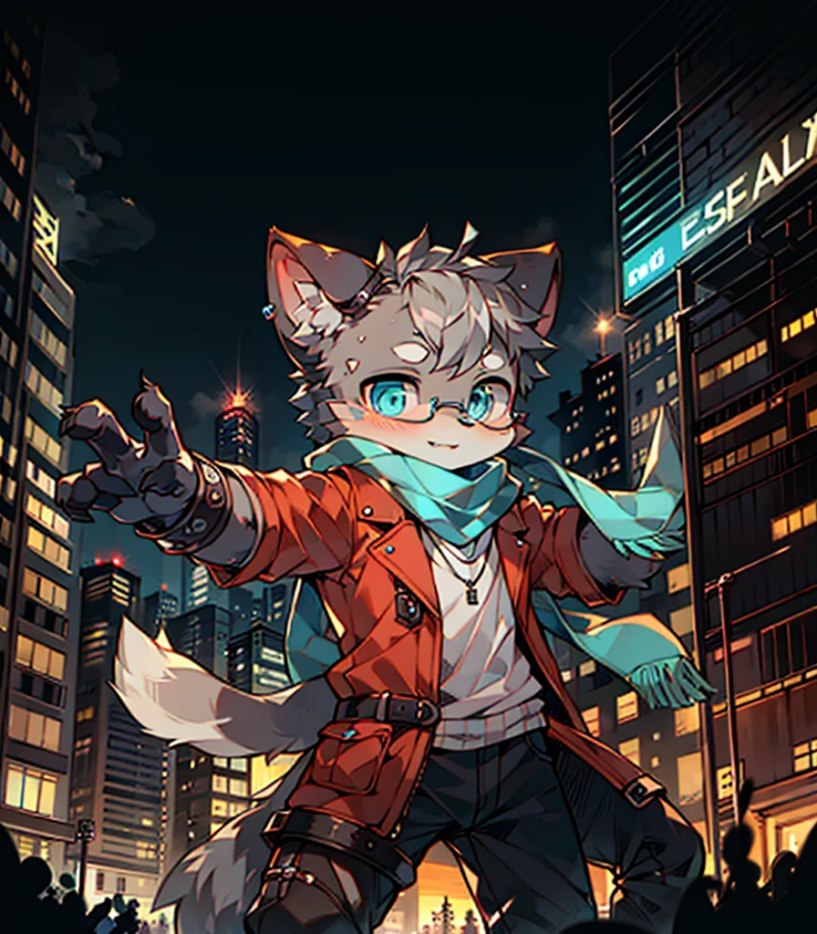 Highest quality, delicate painting style, delicate hook line, masterpiece, delicate skin, delicate hair, complete painting, masterpiece, delicate hands, delicate eyes, normal eyes, gray cat ears, furry, gray hair, black framed round glasses, blue eyes, cute, handsome, ((white scarf)), cat style, Shota, cyberpunk, blue pupils, city night view, gray hair, bangs, gray crystal wings, mottled light and shadow, steampunk, short hair, boys, bright eyes with God. , Crystal Shards in the Air, City, ((Battle Stance))