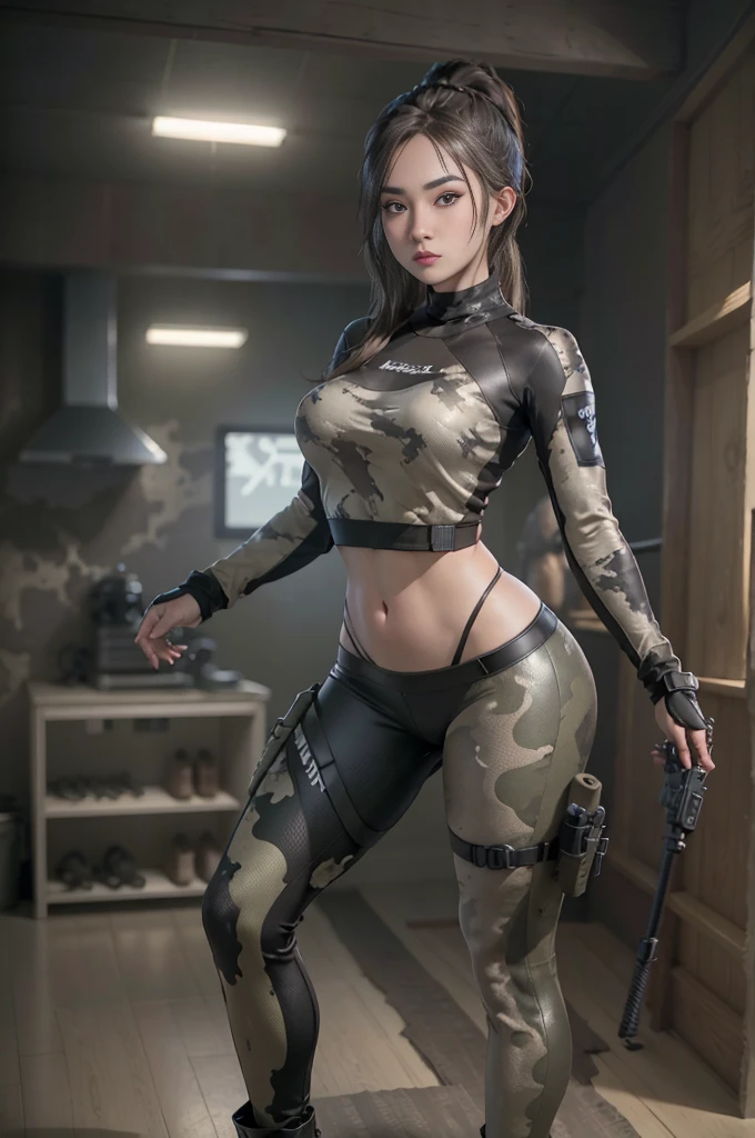 1 girl with ski mask and high-heel boots, (wolf), ((Full body)), ponytail hair, front knot blouse, high resolution, Sharp focus, tactical gear, pistol desert eagle, tight leather pants, in the beach, black (camouflage:1.3),
((Best quality)), ((masterpiece)), (highly detailed:1.3), Depth-of-field, Multi-layered textures,(Hyperrealistic), HDR (High Dynamic Range), Ray Tracing, NVIDIA RTX,Unreal 5, Subsurface scattering, PBR Texturing, Post-processing,
Anisotropic Filtering, Maximum clarity and sharpness, Wide aperture, Low ISO, White balance, Rule of thirds,8K RAW, (extremely slutty),