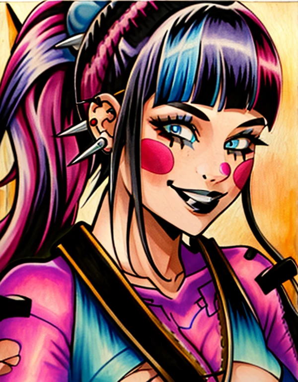 Punchline, 1girl in, Solo, Long hair, breasts, Looking at Viewer, Smile, Bangs, Blue eyes, Black hair, Jewelry, Upper body, Ponytail, multicolored hair, earrings, spike earrings, Blunt bangs, Hair Ornament, Torn clothes, makeup, Traditional Media, Piercing, Black lips, blush stickers