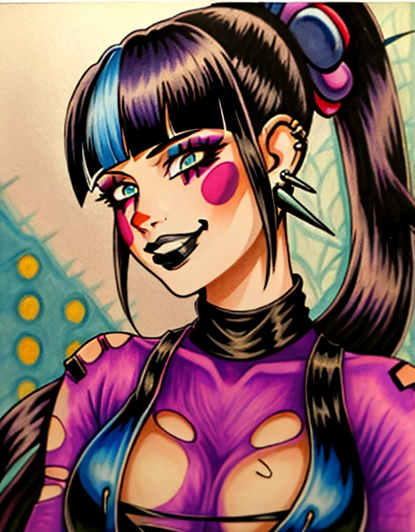 Punchline, 1girl in, Solo, Long hair, breasts, Looking at Viewer, Smile, Bangs, Blue eyes, Black hair, Jewelry, Upper body, Ponytail, multicolored hair, earrings, spike earrings, Blunt bangs, Hair Ornament, Torn clothes, makeup, Traditional Media, Piercing, Black lips, blush stickers