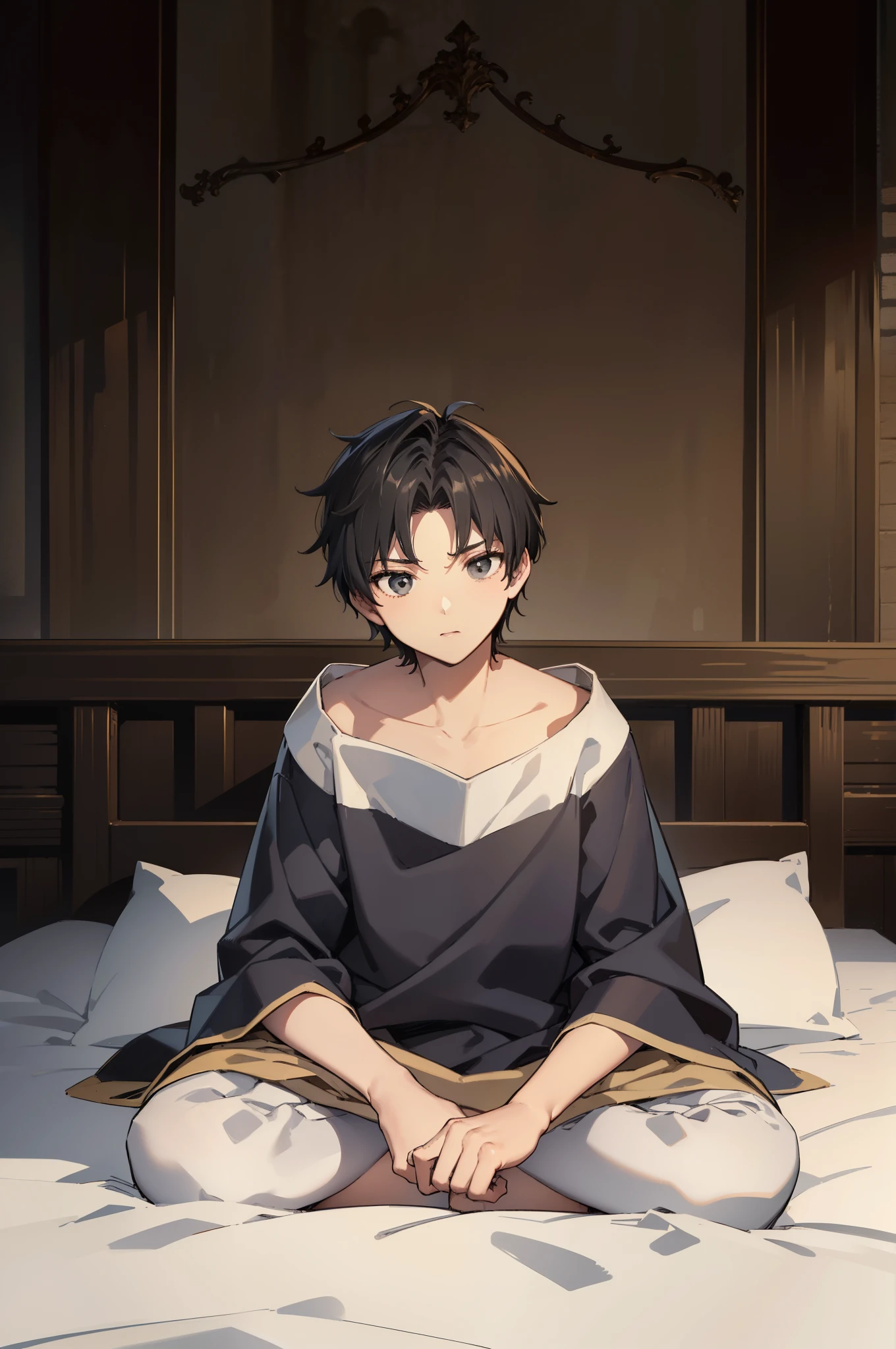(High quality) (Ultra-detailed) (Detailed fingers, legs included) A man, 16 years old, medieval noble sleepwear, black messy hair, black eyes, surprised, sitting on a medieval noble bed.