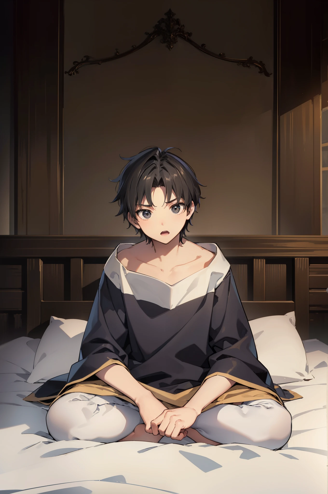 (High quality) (Ultra-detailed) (Detailed fingers, legs included) A man, , medieval noble sleepwear, black messy hair, black eyes, surprised, sitting on a medieval noble bed.