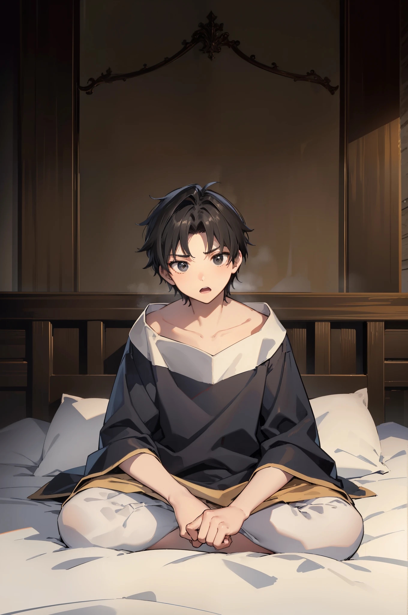 (High quality) (Ultra-detailed) (Detailed fingers, legs included) A man, 16 years old, medieval noble sleepwear, black messy hair, black eyes, surprised, sitting on a medieval noble bed.