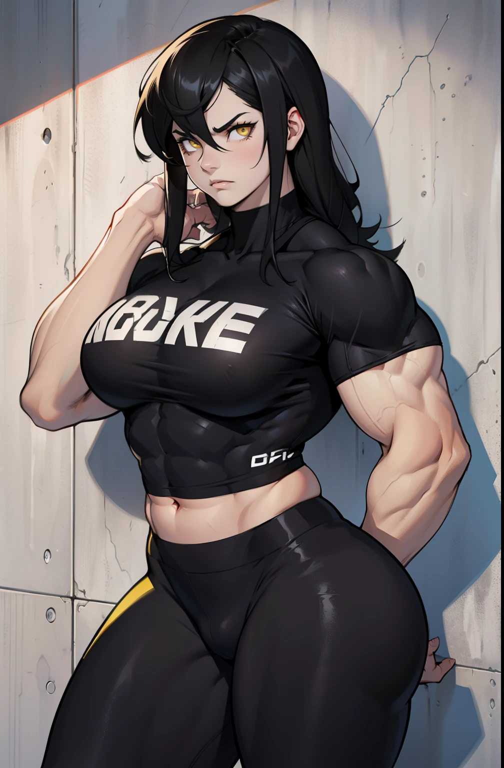 1girl muscular pale skin black hair yellow eyes black against wall frown tight shirt leggings thick muscular thick muscular thick muscular