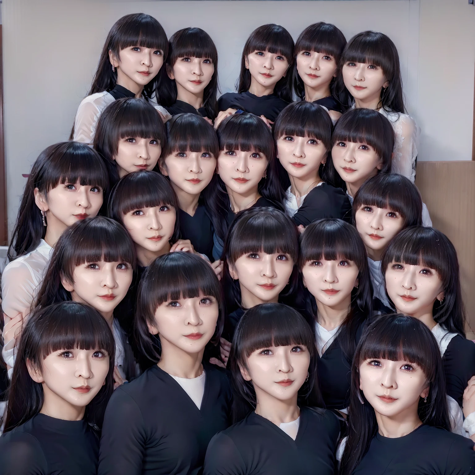 Raw photo、(((multiple girls))),((((6+girls)))),((((10girls))))、((((10 girls))))、Women only、The same face、matching school uniform、6 years old、Long black hair、10 cute girls going to school、a smile、Commuting to school、elementary student、((School route))、selfee、same person