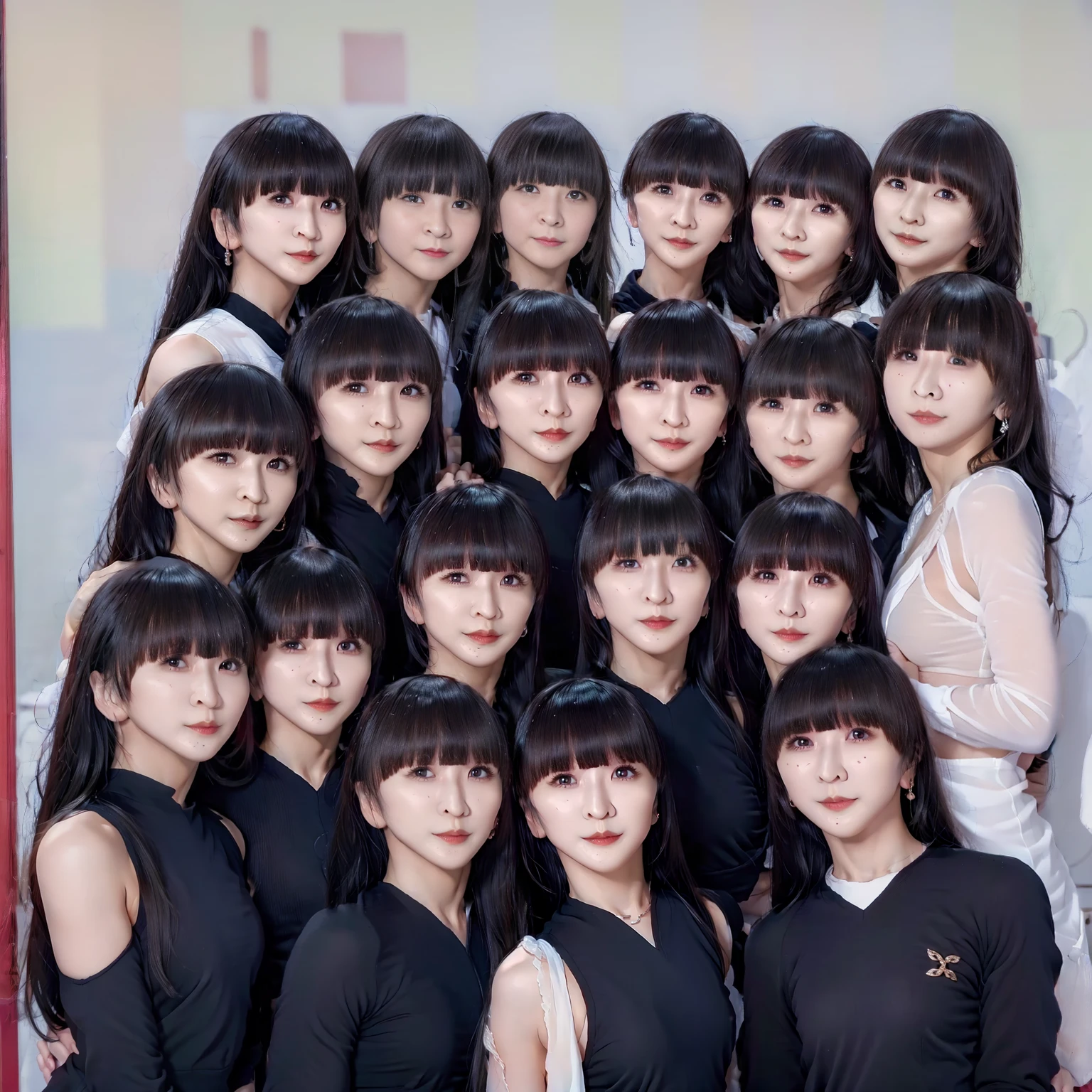 Raw photo、(((multiple girls))),((((6+girls)))),((((10girls))))、((((10 girls))))、Women only、The same face、matching school uniform、6 years old、Long black hair、10 cute girls going to school、a smile、Commuting to school、elementary student、((School route))、selfee、same person