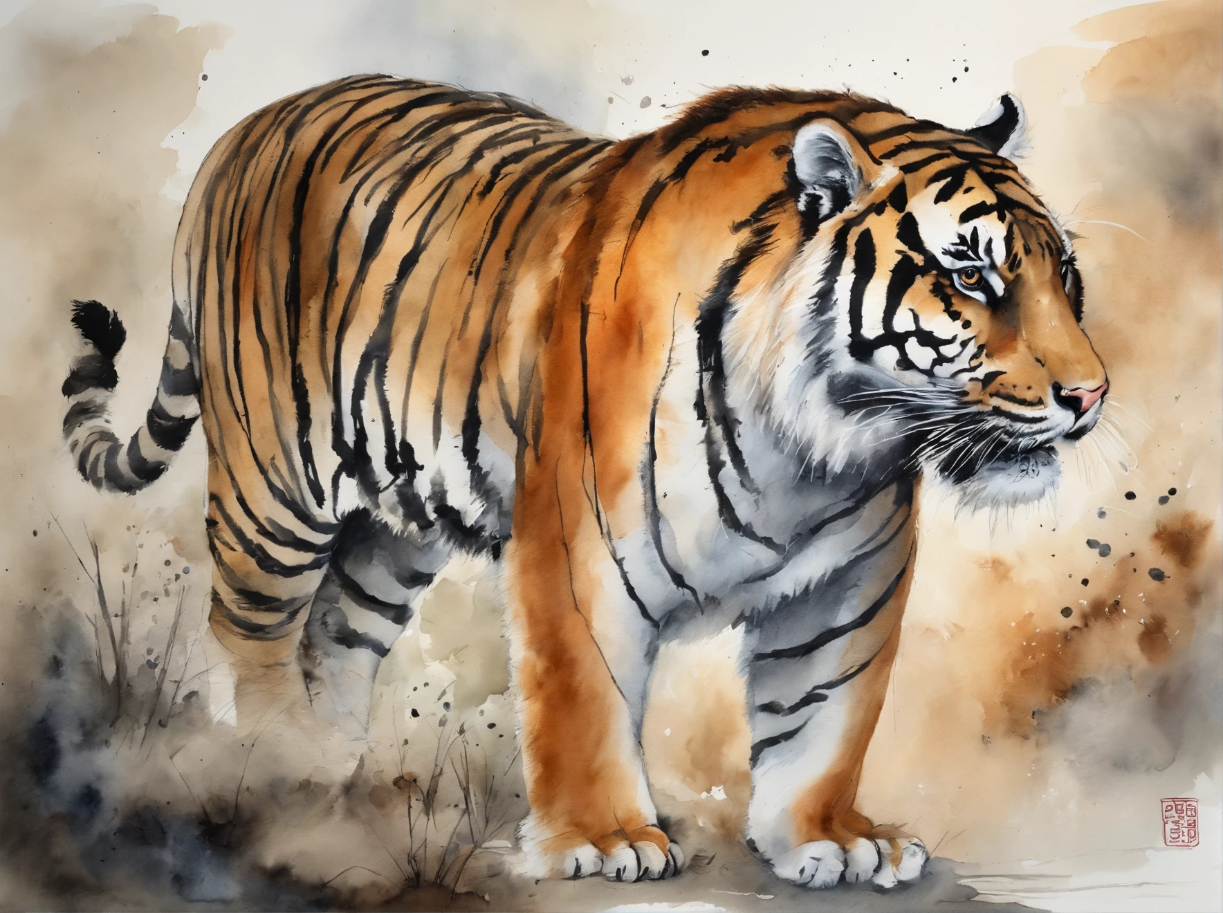 Traditional chinese painting,artistic conception,Oyuki,tiger walks on ssen,8K分辨率,Super meticulous