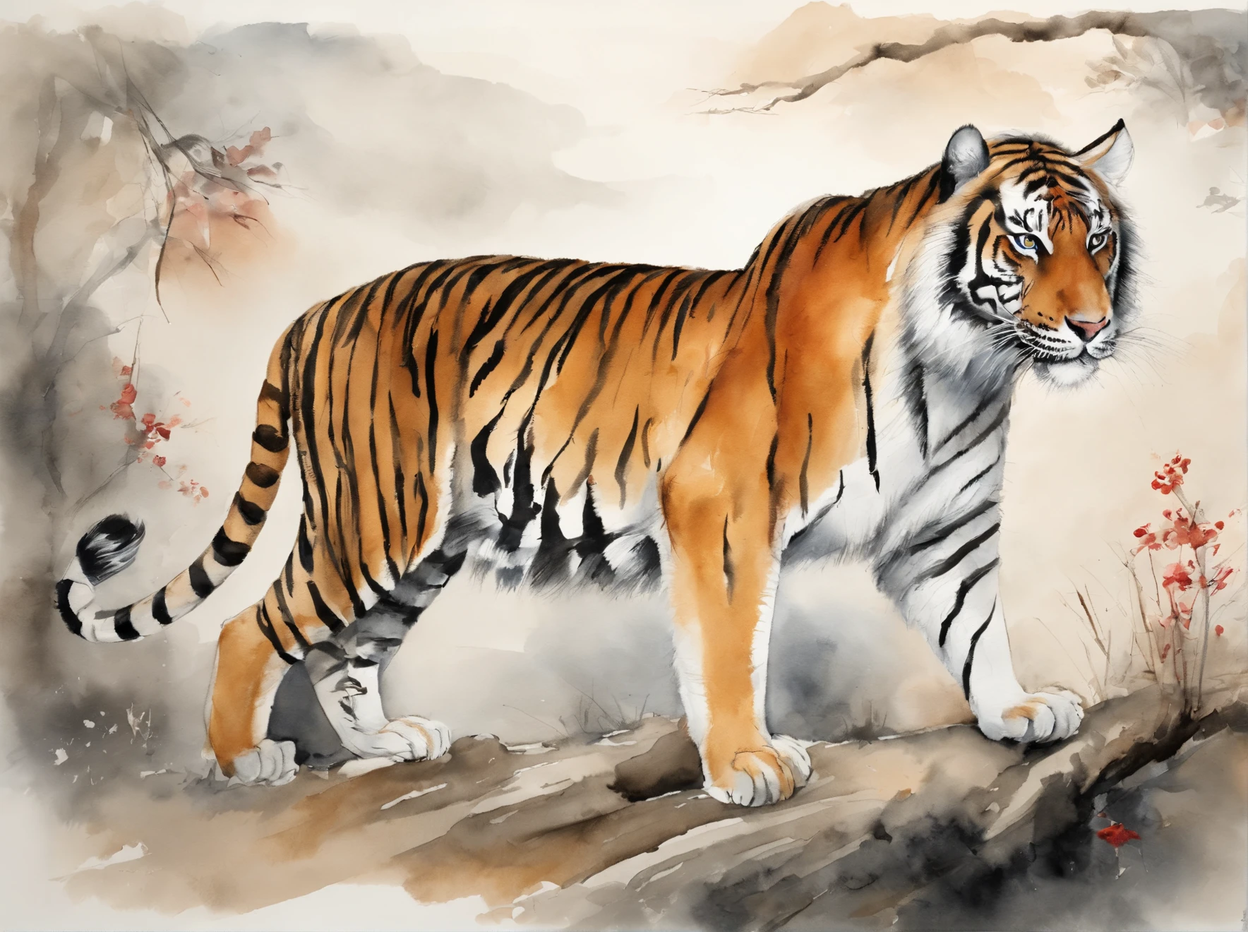 Traditional chinese painting,artistic conception,Oyuki,tiger walks on ssen,8K分辨率,Super meticulous