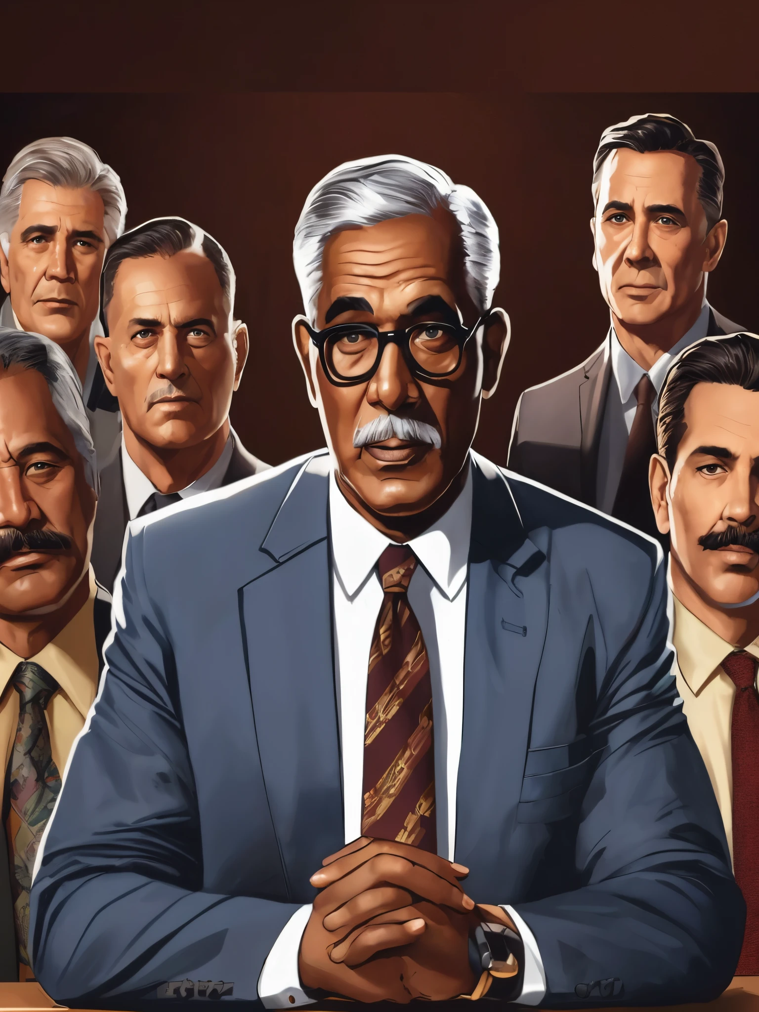 Man in his 60s with a tie, serious expression, speaking into a microphone, gathered with other men of other ethnicities