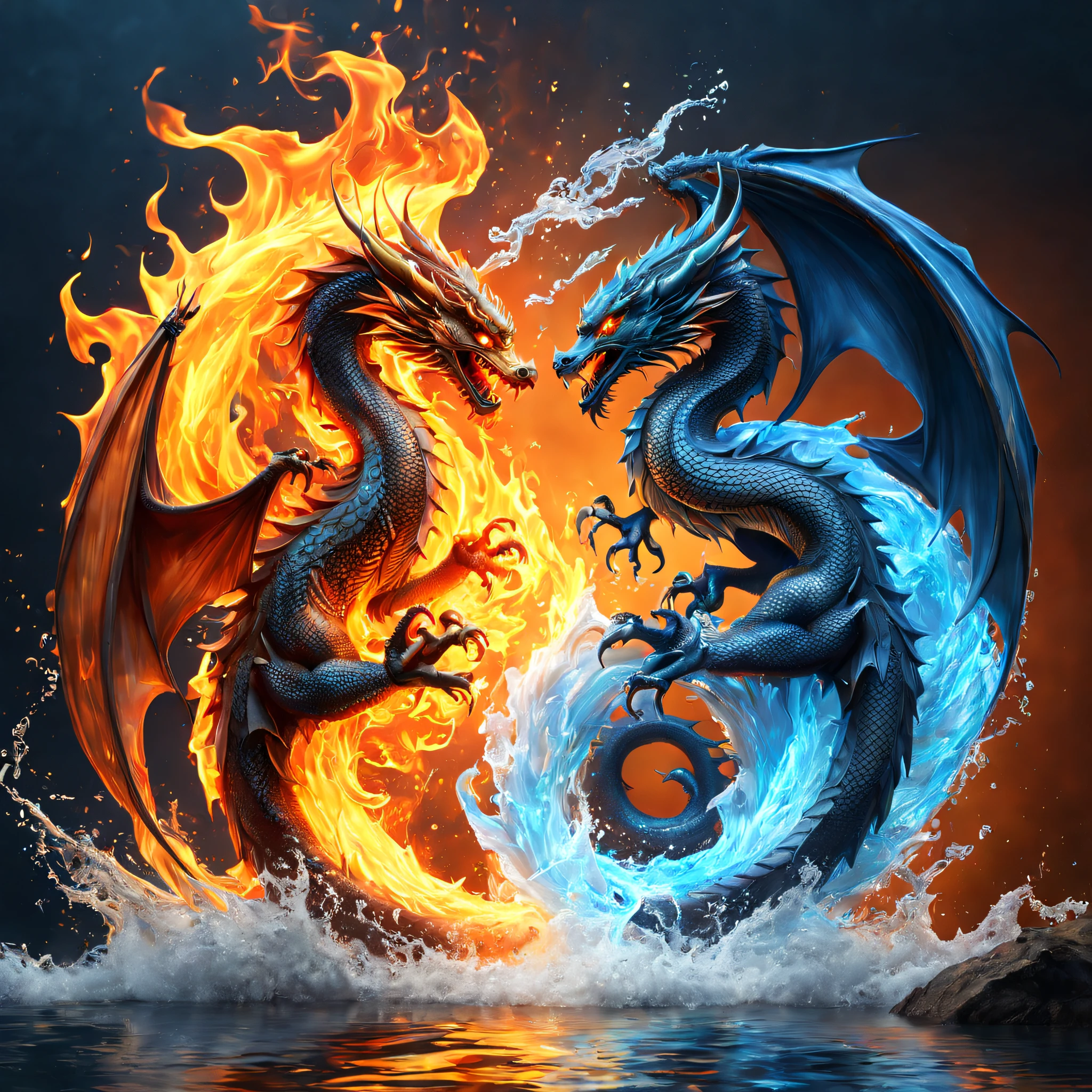 (Best quality,4K,8K,A high resolution,tmasterpiece:1.2),ultra - detailed,(actual,realistically,realisticlying:1.37), 2 flaming dragons,  yin and yang symbol, orange fire/blue  duality, The flowing energy of water and fire, Fire and , fire and water, blue flame,