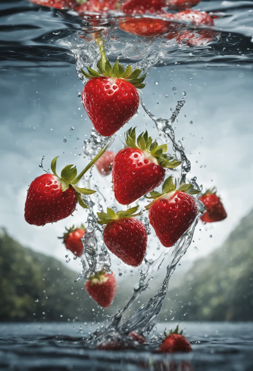 cinematic RAW photo,foto ultra real,Ultra foto realsisim,Digital SLR,soft lighting,Product photo of 5 strawberries falling into the water、Drippy、Splash clear liquid、water bloom,dynamic compositions,(master part) (best quality) (circunstanciado) (Cinematic lighting) (foco nítido) (intrincado), master part, best quality, ultrahigh-resolution, 8K UHD