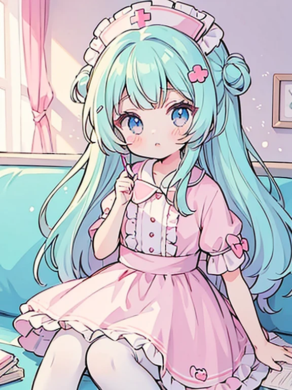 A mint ice cream GIRL cat with one eye shut and no mouth. Her head is covered in lilac sprinkles and pale pink spherical candies, and she wears a raspberry bow. SPARKLE; GLITTER