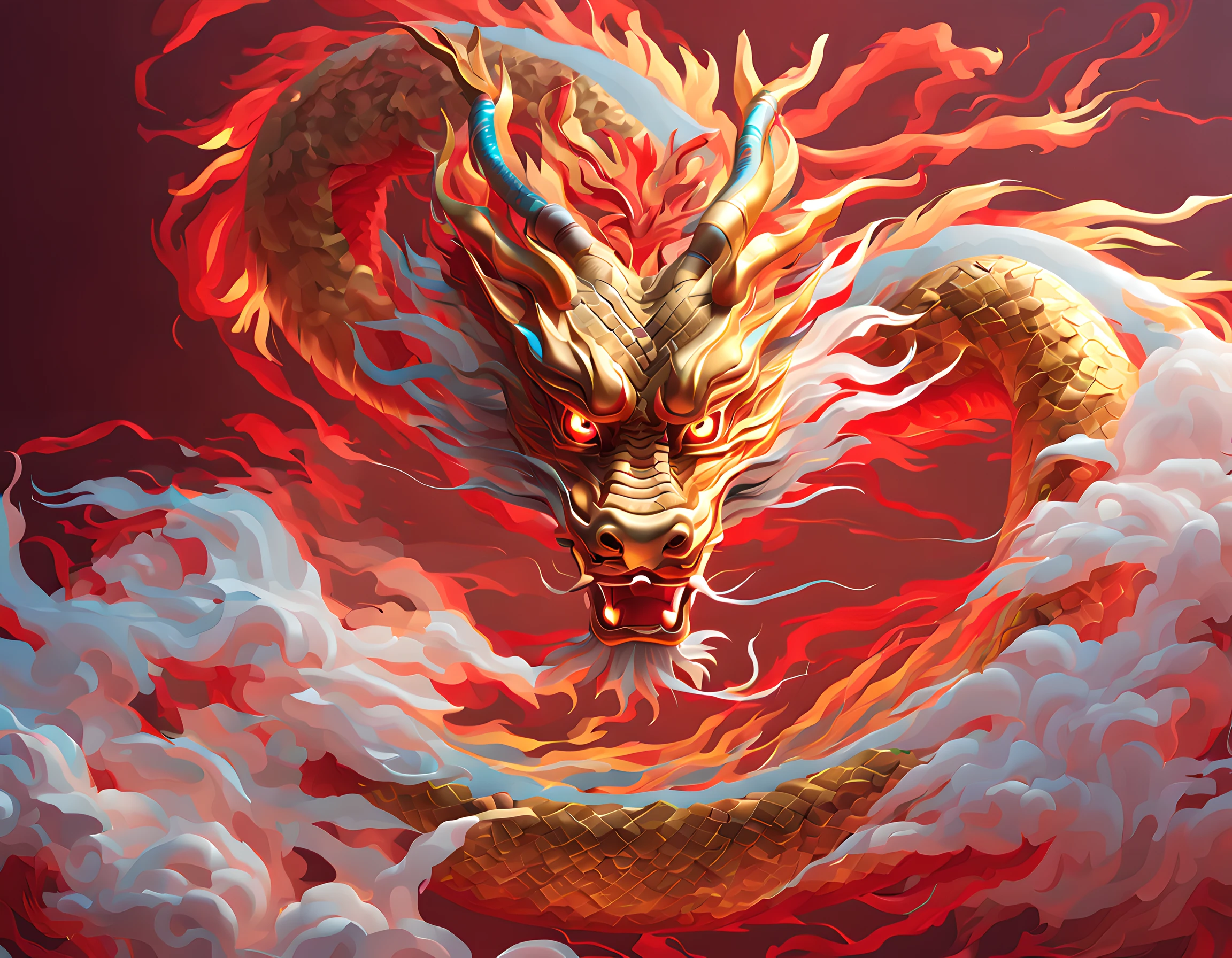 Painting of a Chinese Dragon, professional art, uhd 8k, epic illustration, digital painting, lightningwave, color gel lighting, ultra detailed digital painting, dynamic pose, picturesque colors, gorgeous digital painting, red and gold tetradic colors