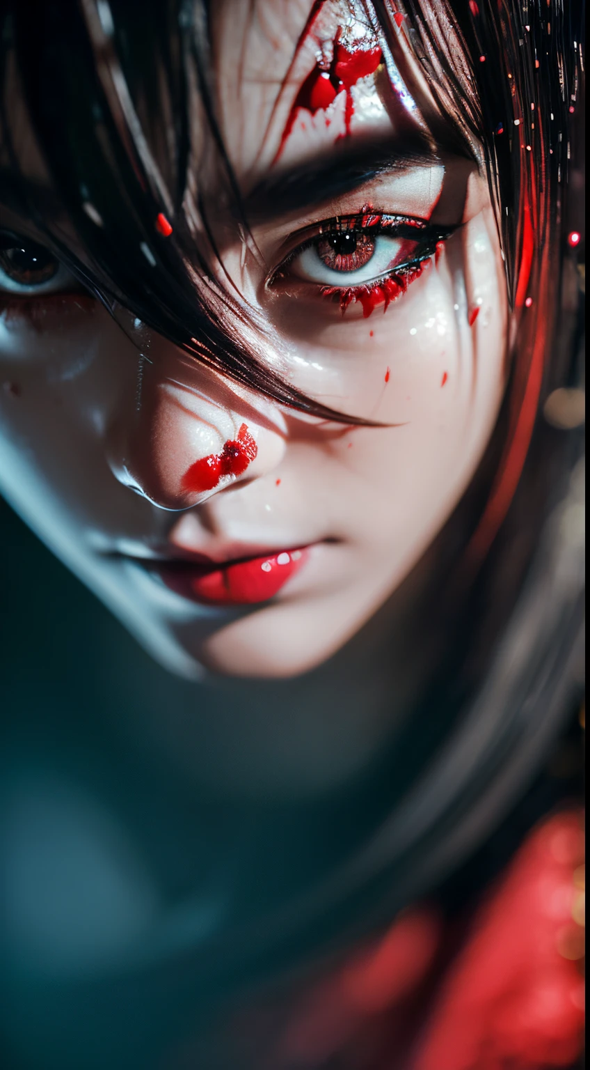 (This is a CG illustration..)(Tabletop:1.2, Highest quality), (Beautiful, detailed eyes: 1.2), (Detailed Background,Dark fantasy), (Beautifully detailed face), High Contrast, (Best lighting, Very delicate and beautiful), ((Cinematic Light)), colorful, Hyper Detail, Dramatic Light, Intricate details, (1 Girl, alone,Black Hair, Sharp Face,Low twin tails,Red eyes, Hair between the eyes,Dynamic Angle), (Blood splatter:1.4), Black light swirling around the character, Depth of written boundary,Blacklight Particle Loken Zic Circle,