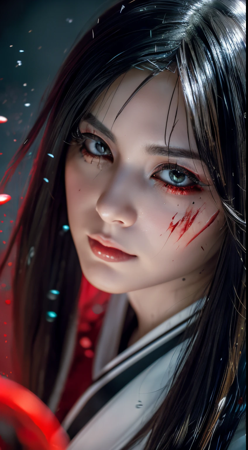 (This is a CG illustration.)(masutepiece:1.2, Best Quality), (finely detailed beautiful eye: 1.2), (Detailed background,Dark Fantasy), (beautifull detailed face), High contrast, (Best Illumination, extremely delicate and beautiful), ((Cinematic Light)), Colorful, Hyper Detail, Dramatic light, Intricate details, (1 girl, Solo,Black hair, Sharp face,low twintails,Red Eyes, hair between eye,Dynamic Angle), (blood splashing:1.4), swirling black light around the character, depth of fields,Blacklight Particle Loken Zic Circle,
