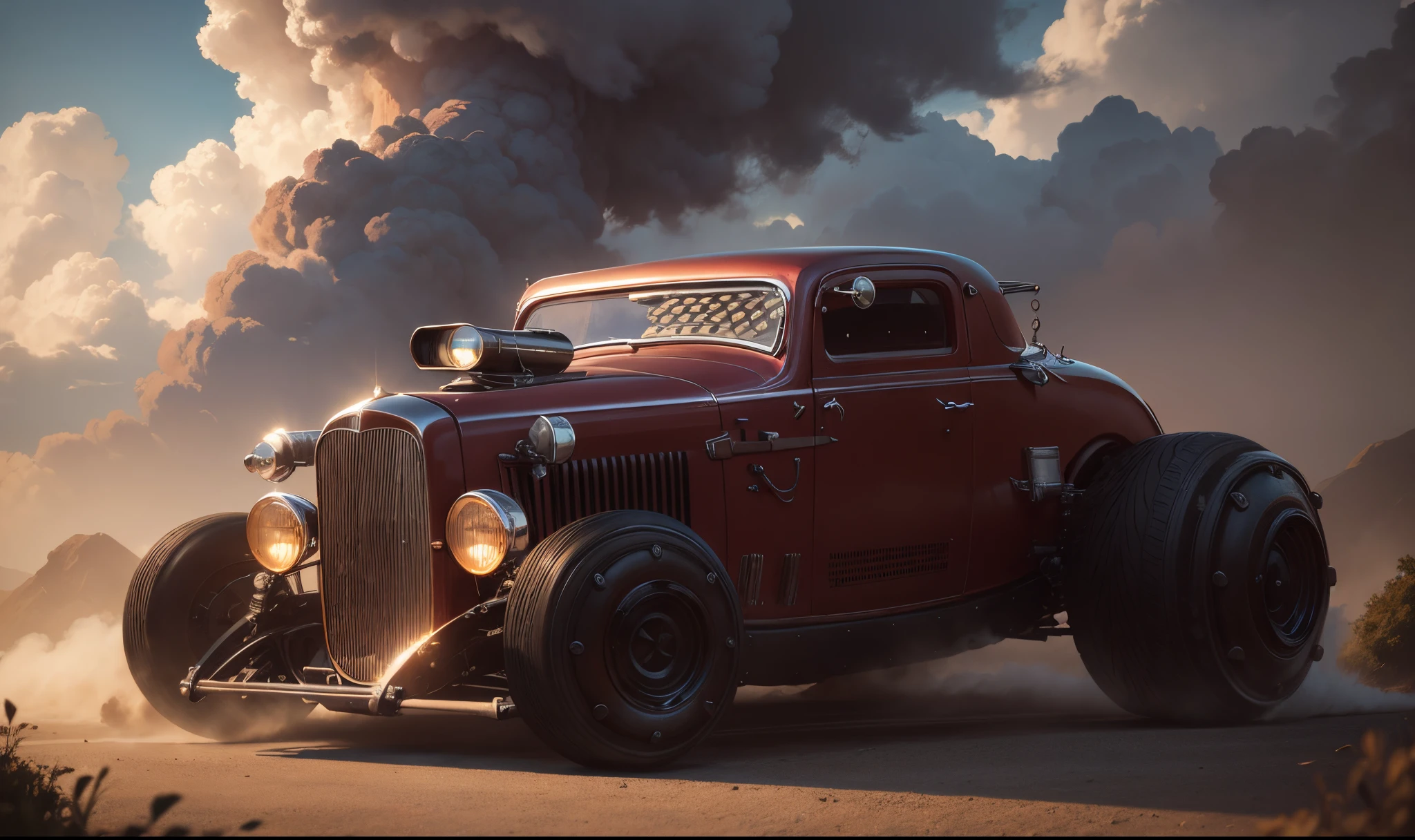 1932s retro futuristic dieselpunk armored Hot Rod car is racing down a country lane in the UK on a summer day, dust cloud, frazetta, ghibli, leyendecker