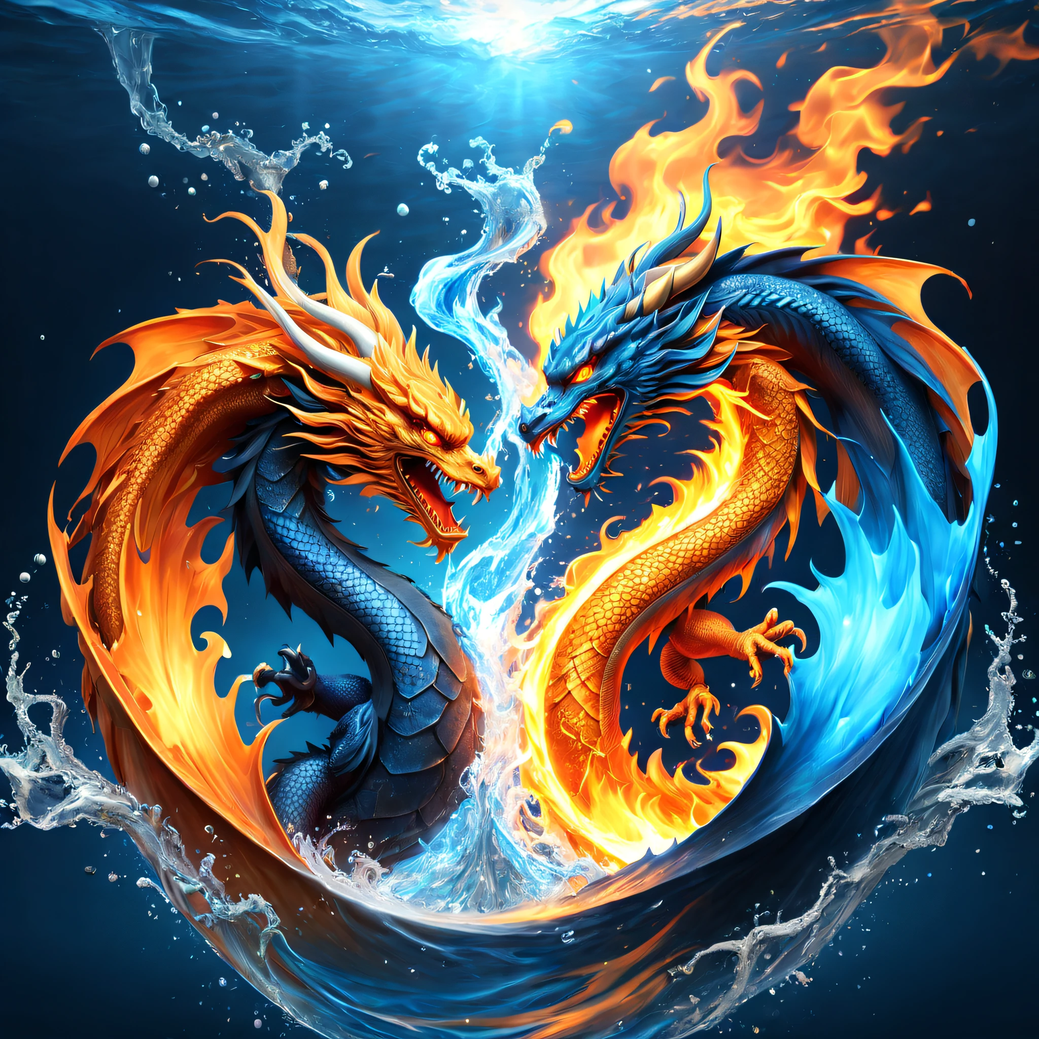 (Best quality,4K,8K,A high resolution,tmasterpiece:1.2),ultra - detailed,(actual,realistically,realisticlying:1.37), 2 flaming dragons,  yin and yang symbol, orange fire/blue  duality, The flowing energy of water and fire, Fire and , fire and water, blue flame,